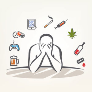 image de l'article du colloque "addictions, question de moralité", le 07 mars 2019 à Dole. Bonhomme se prenant la tête dans ses mains entouré de plusieurs drogues